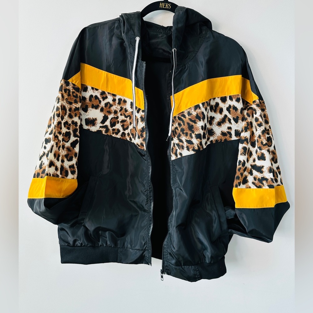 Black & Leopard Print Windbreaker Hooded Track Jacket With Pockets Size L - Picture 5 of 11